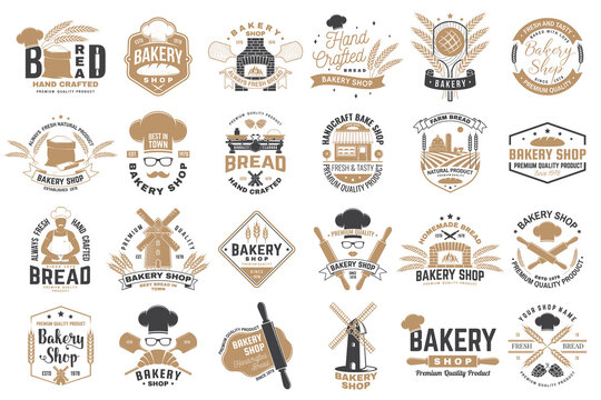 Set of Bakery shop badge. Vector. Design with windmill, rolling pin, dough, wheat ears, old oven, wooden bread shovels silhouette. For restaurant, bakery identity objects, packaging menu