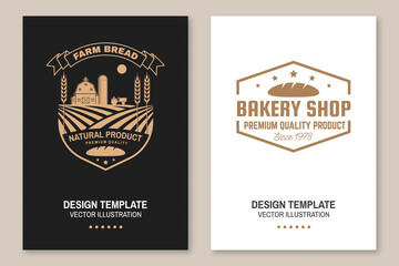 Farm bread, bakery shop flyer, brochure, banner, poster. Vector. Typography design with farm, ears of wheat silhouette. Template for bakery, restaurant identity objects packaging and menu