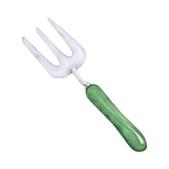 Watercolor garden fork isolated on a white background. A hand-drawn metallic utensil with a green handle. Garden or kitchen clipart for your design.