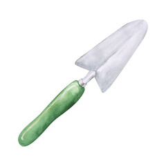 Watercolor spad isolated on a white background. Hand-drawn garden tool for your design. Metallic object with a green handle. Gardening supply clipart.