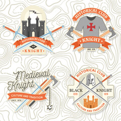 Knight historical club badge design. Vector illustration Concept for shirt, print, stamp, overlay or template. Vintage typography design with battle axe and shield silhouette.
