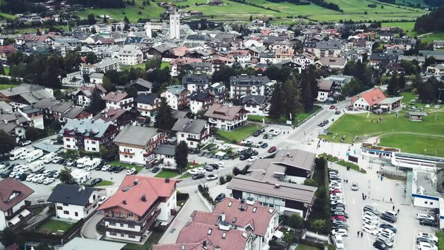 Aerial view of Innichen in summer season, San Candido skyline, Italy