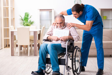 Old man in wheel-chair and young bad caregiver indoors