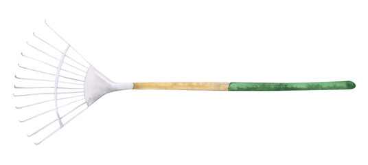 Watercolor rake isolated on a white background. Hand-drawn garden tool for your design. Farmhouse...