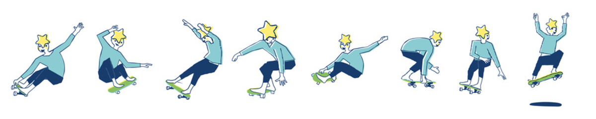 Set of young sportsman star head character playing skateboard. Skateboarder use surf skate doing skateboard trick. Vector illustration for graphic design or surf skate content background