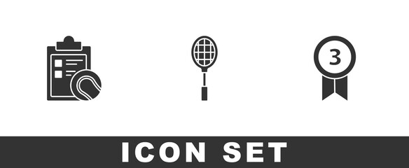 Set Checklist clipboard and tennis ball, Tennis racket and Medal icon. Vector.