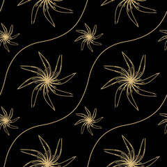 Fototapeta na wymiar abstract black background with thin golden flowers