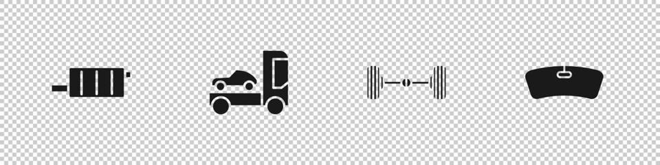 Set Car muffler, transporter truck, Chassis car and Windshield icon. Vector.