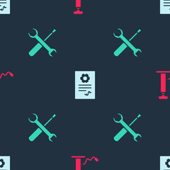 Set Car air pump, Auto service check automotive and Screwdriver and wrench spanner on seamless pattern. Vector.
