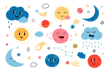 Cute clouds and Suns. Cartoon funny Sun, planets, stars and clouds for baby greeting cards. Vector childish isolated set