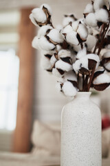 sprigs of cotton in a white vase on the table