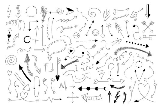 Doodle arrows. Hand draw minimal thin line arrows design template, business cursor collection for presentation and infographic. Vector set