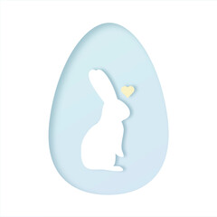 Happy Easter paper style illustration. Greetings card. Modern minimalist art. Pastel colors. Rabbit in egg frame. Cute rabbit with heart.