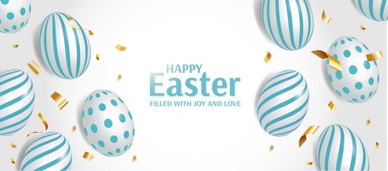 Easter poster and banner template with realistic eggs and realistic golden confetti on the table. Vector illustration of happy Easter holiday. Promotion and shopping template for Easter Day.