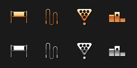 Set Volleyball net, Jump rope, Billiard balls in rack triangle and Award over sports winner podium icon. Vector.