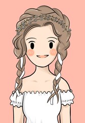 digital painting hand draw illustration with pencil texture character design. Cute  pink cheek girl in white dress with braided hair and little white daisy flower on her hair isolated on background