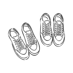 Pair of sneakers on white background drawn in a sketch style. Sneakers hanging on a peg. Vector illustration.