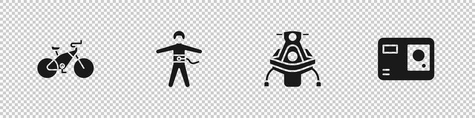 Obraz premium Set Bicycle, Bungee jumping, Snowmobile and Action extreme camera icon. Vector.