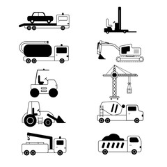 Special machinery set. Disposal truck, dump truck, lift truck, tractor, excavator, tow truck set. Simple style vector illustration.