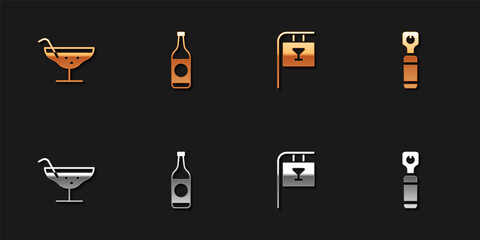 Set Cocktail, Beer bottle, Street signboard with Bar and Bottle opener icon. Vector.