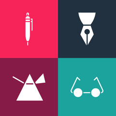 Set pop art Glasses, Light rays in prism, Fountain pen nib and Pen icon. Vector.
