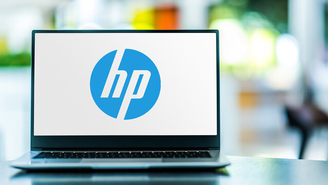 Laptop computer displaying logo of HP