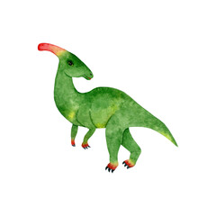 Watercolor illustration of Dinosaur parasaurolophus. Hand drawn cute dino for coloring book, prints, dino parties, patterns. Colorful illustration of dinosaur isolated on white background.