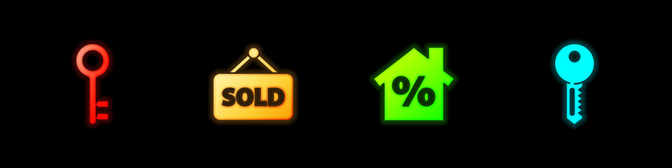 Set House key, Hanging sign with text Sold, percant discount and icon. Vector.