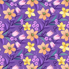 Colorful hand drawn flowers on purple color background seamless pattern for fabric textile wallpaper.