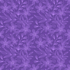 Fototapeta na wymiar Line flowers on purple color background seamless pattern for fabric textile wallpaper.