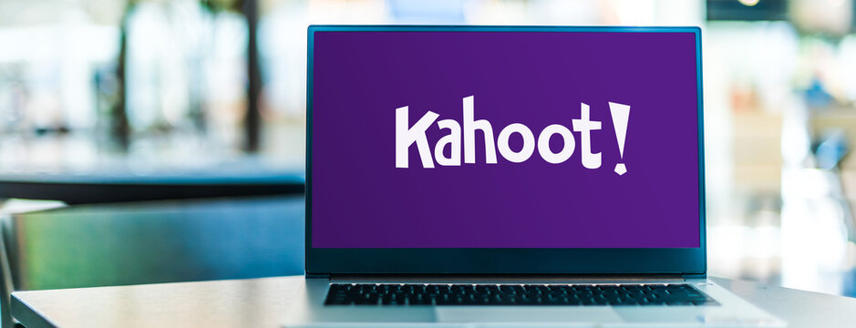 Laptop computer displaying logo of Kahoot!