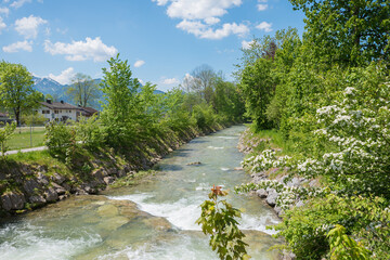 Rottach river, pictorial spring landscape tourist resort Rottach-Egern, upper bavaria