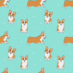 Seamless corgi pattern. Cartoon home pet, set of cute puppies for print, posters and postcard. Vector corgi animal background. Funny little doggy