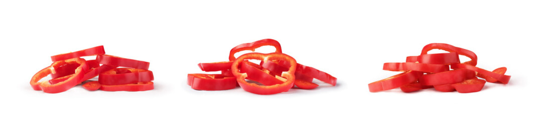 Sweet red pepper sliced and falling isolated on a white background