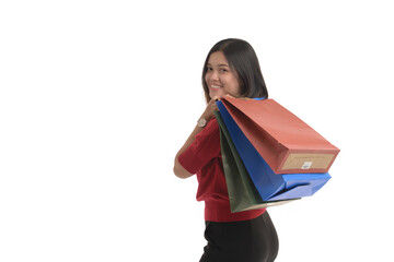 Young Asian women is shopping happily, on a white background.