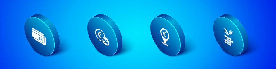Set Isometric Credit card, Cash location, Dollar plant and Money coin with percent icon. Vector.