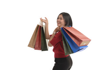 Young Asian women is shopping happily, on a white background.