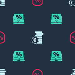 Set Loan percent, Coin money with euro symbol and Percent discount and laptop on seamless pattern. Vector.