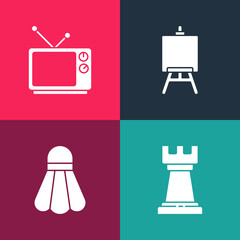 Set pop art Business strategy, Badminton shuttlecock, Easel or painting art boards and Retro tv icon. Vector.