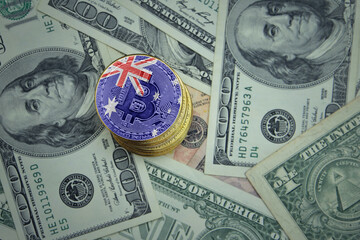 golden shining bitcoins with flag of australia on a dollar money background.