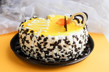 lemon sponge cake on a yellow background. sweet desserts 