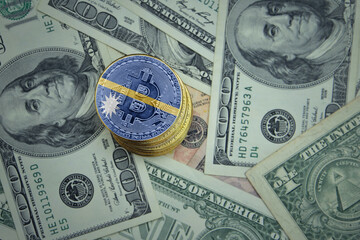 golden shining bitcoins with flag of Nauru on a dollar money background.