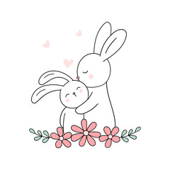 Cute hare and bunny. Mama rabbit and baby rabbit. Love mom. Mother's Day greeting card. Vector illustration. Isolated on white. Good for t shirts, postcards.