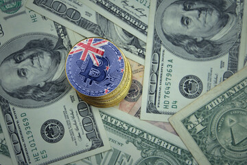 golden shining bitcoins with flag of new zealand on a dollar money background.