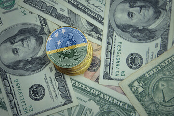 golden shining bitcoins with flag of Solomon Islands on a dollar money background.