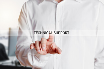 Businessman presses on virtual touch screen with the words technical support. Customer assistance or service