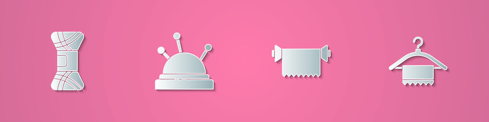Set paper cut Yarn, Needle bed and needles, Textile fabric roll and Hanger wardrobe icon. Paper art style. Vector.