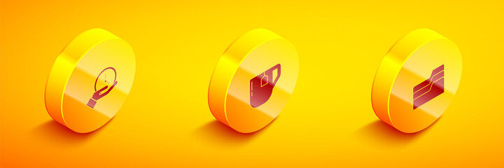 Set Isometric Clock, Cup of tea with tea bag and Document folder icon. Vector.