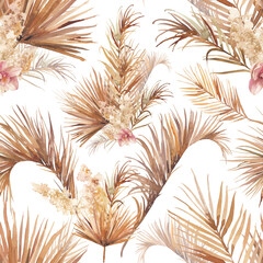 Palm tree leaves texture with orchid. Seamless pattern with floral watercolor illustrations. Exotic floral ornate on white background.