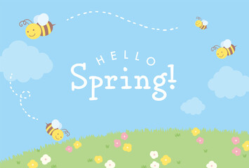 vector background with bees and flower fields for banners, cards, flyers, social media wallpapers, etc.